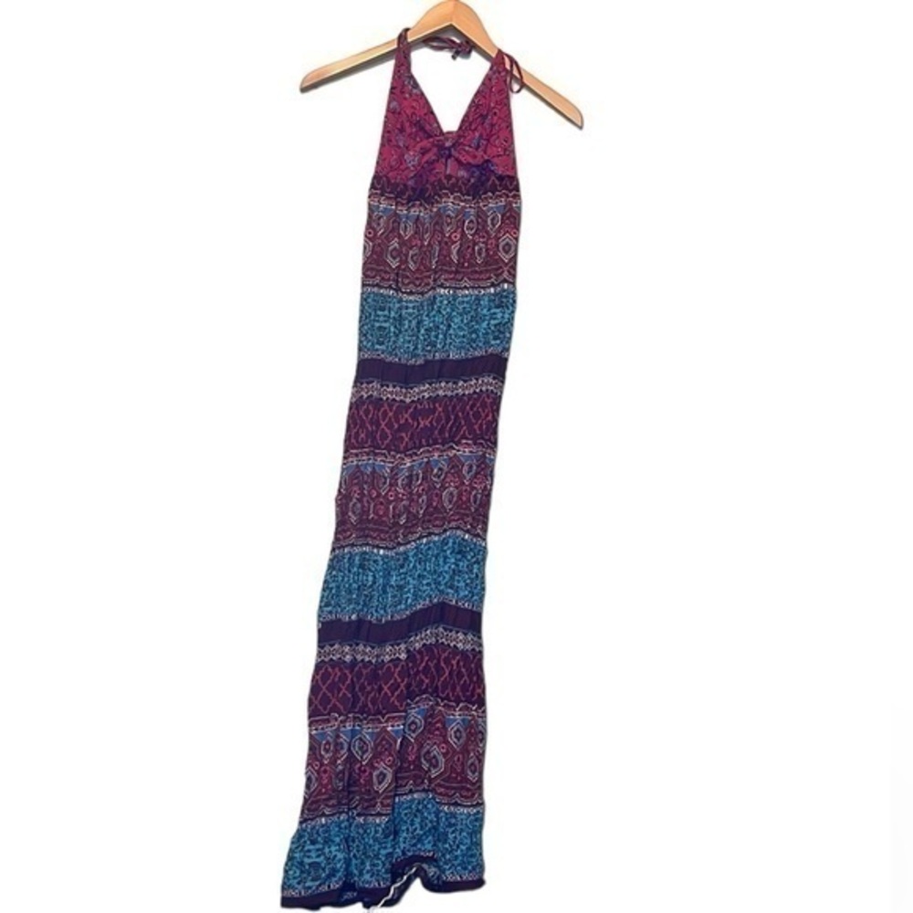 Forever 21 long maxi dress v neck halter tie multi color size small tomato girl